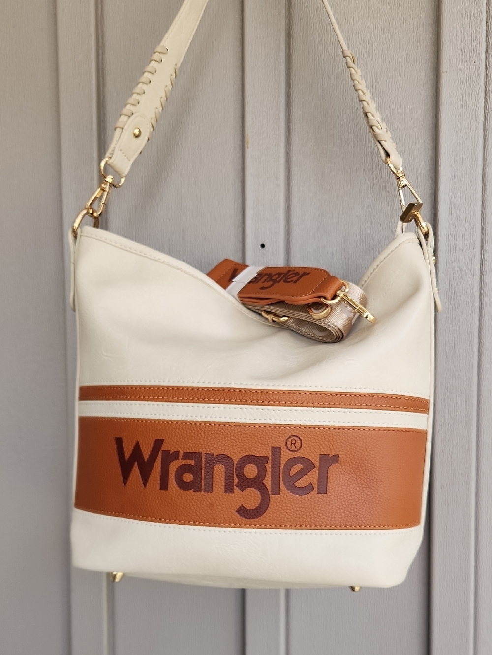 Wrangler Cream and Tan Logo Bucket Shoulder Bag